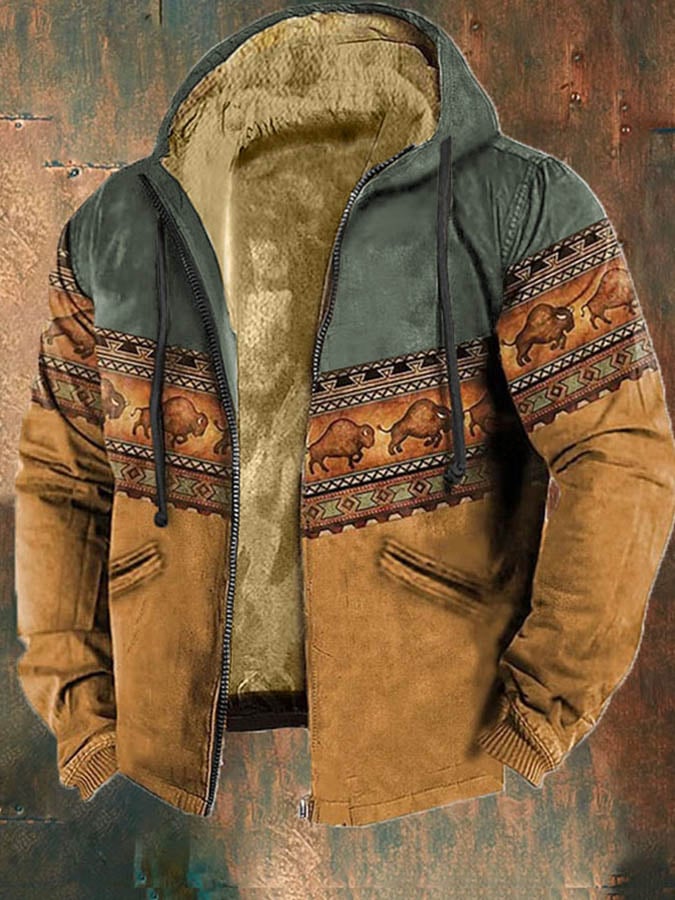 Men'S Retro Western Print Cotton Zipper Outerwear