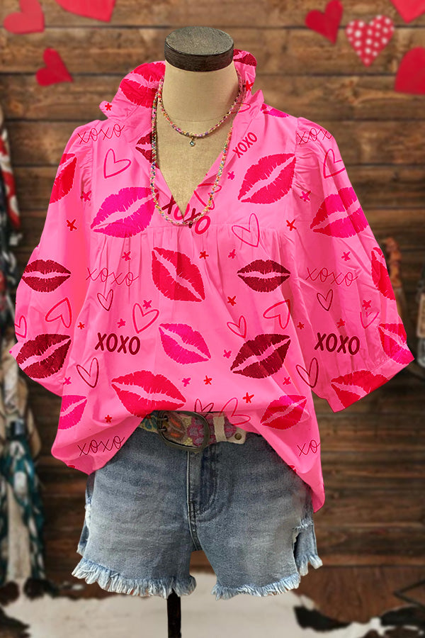 Heart Lip Print Ruffle V-neck Blouse