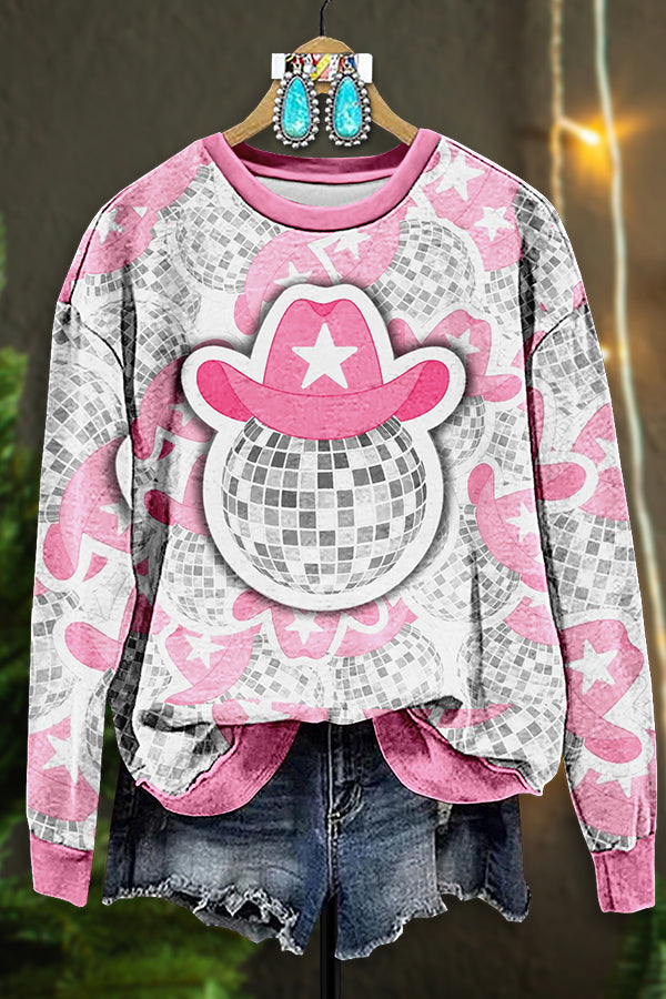 Retro Western Disco Ball Print Sweatshirt