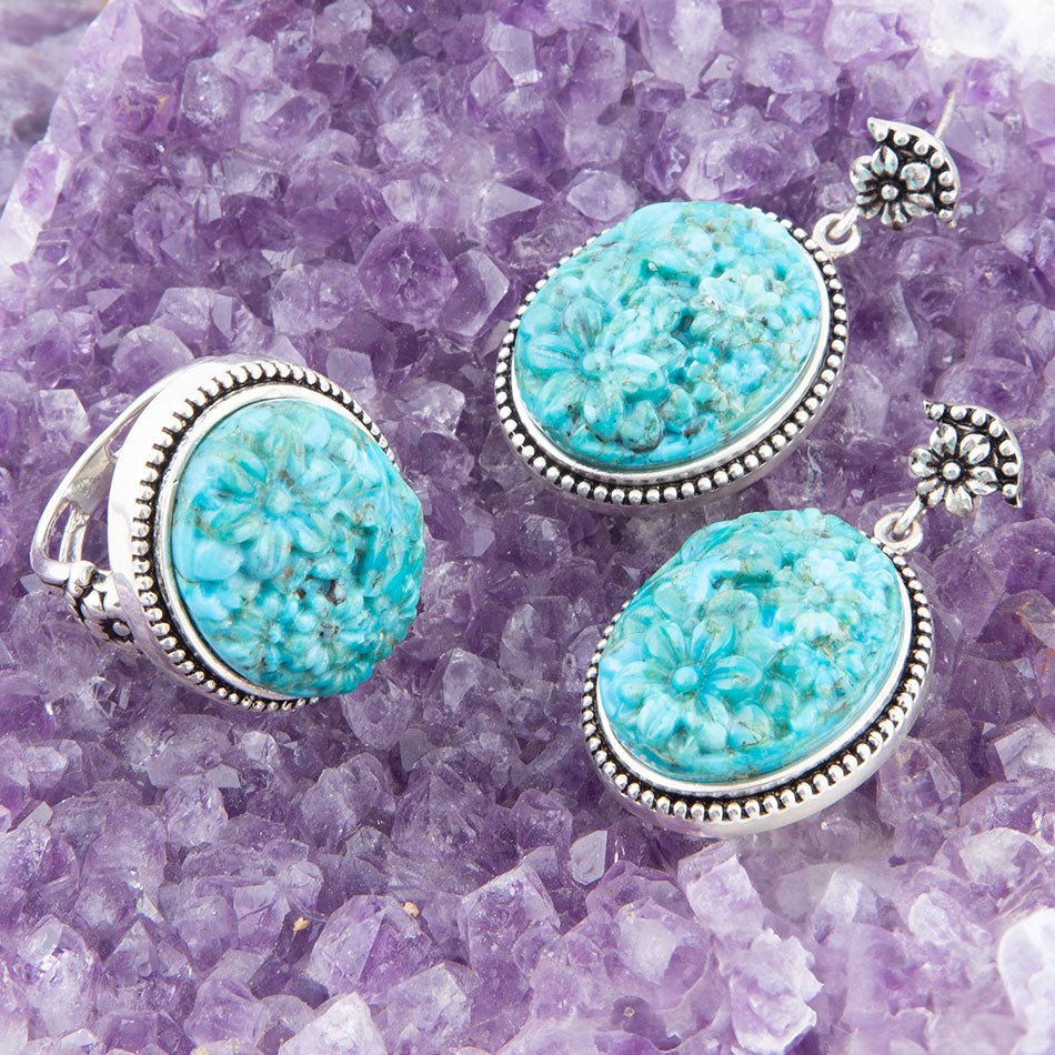 Barse Carved Blue Turquoise Sterling Silver Drop Earrings