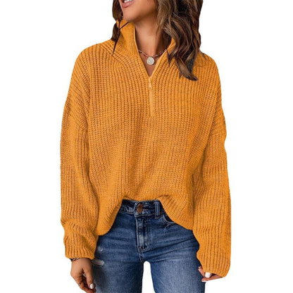 Half Open Collar Long Sleeve Tops Women Autumn And Winter Solid Color Loose High Collar Pullover Sweater