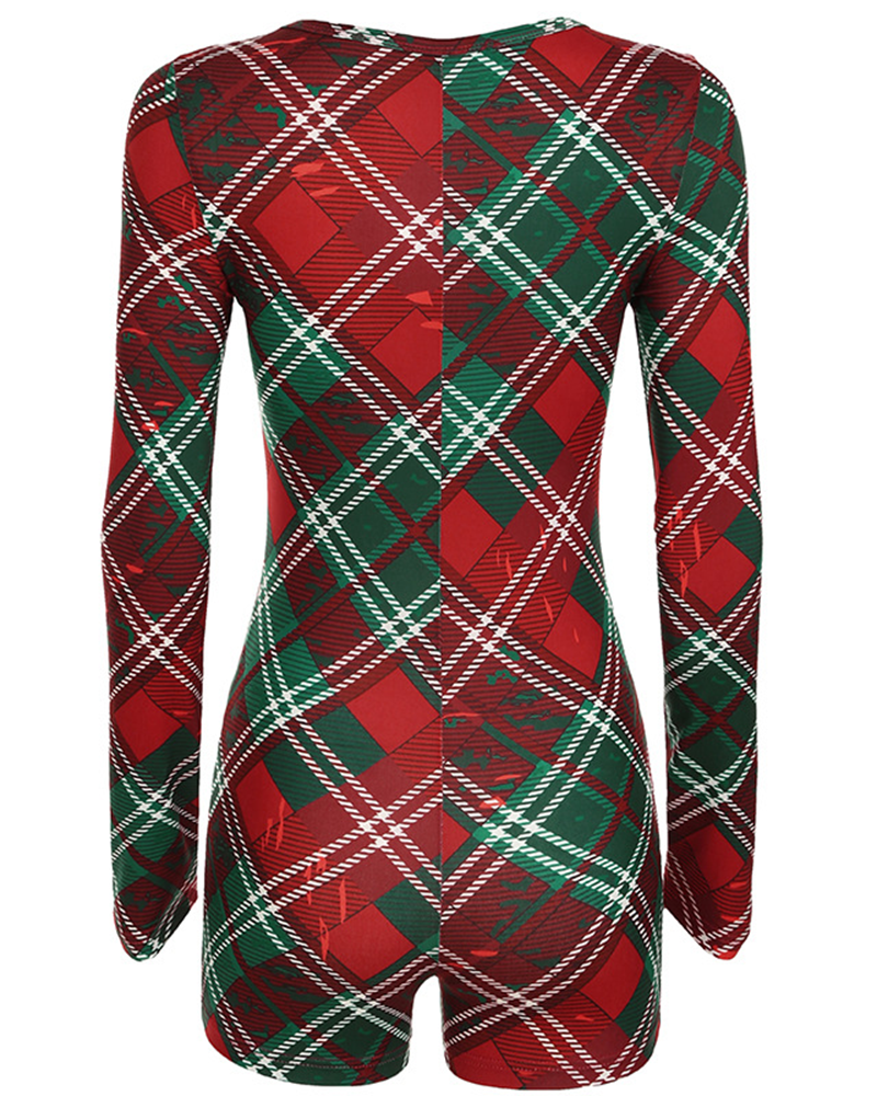 Christmas Plaid Print V-Neck Long Sleeve Onesie Shorts