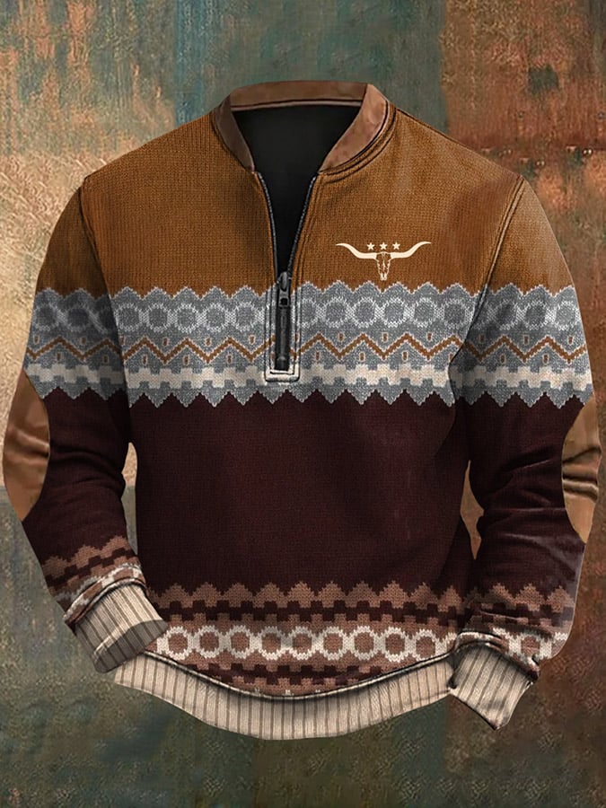 Men's Vintage Western Knit Print Zip-Neck Sweatshirt