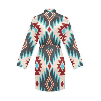 Turquoise Burgandy Aztec Women's Belted Satin Feel Dressing Lounge Robe