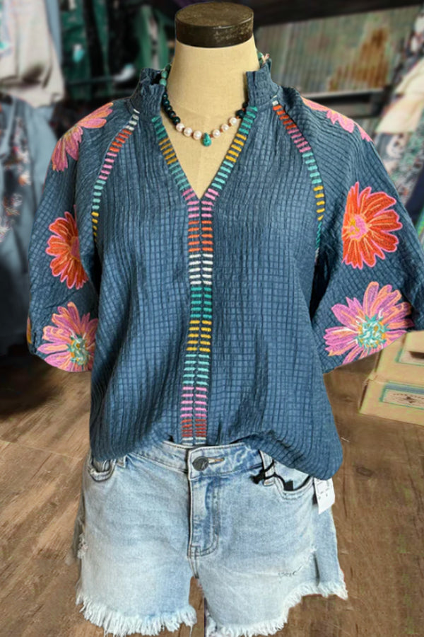 Floral Embroidered V-Neck Gauze Top