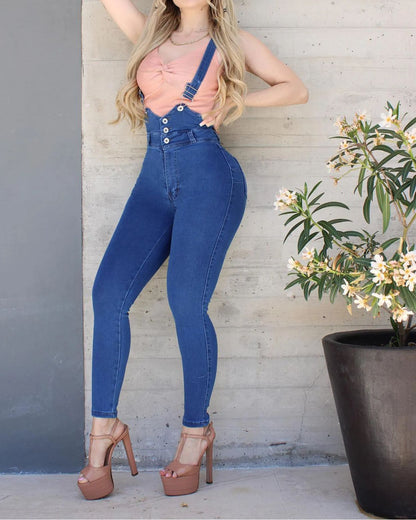 Denim Rompers Adjustable Shoulder Straps Stretch Casual