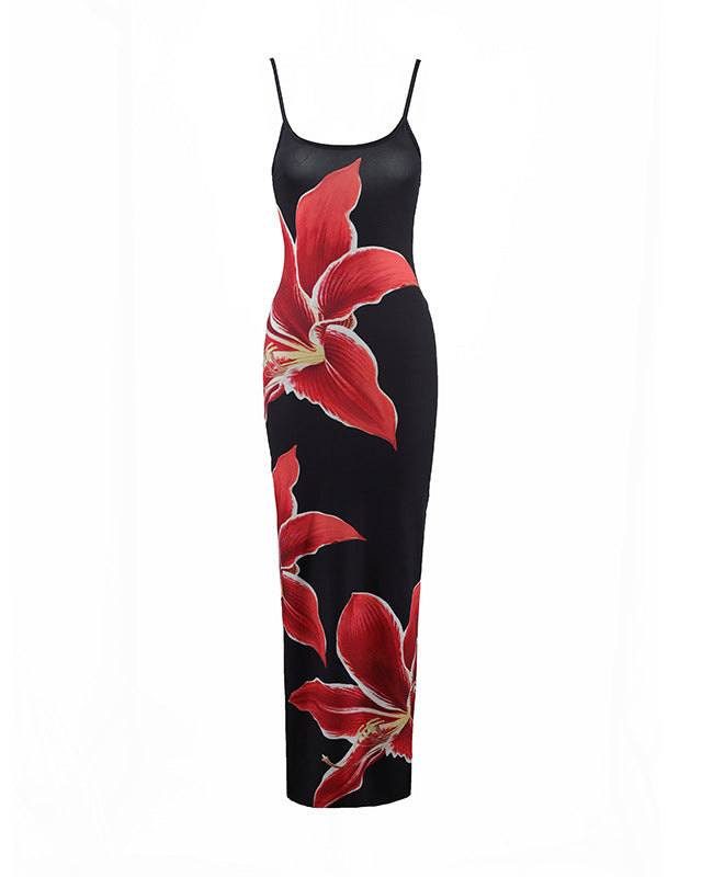 Strappy Floral Print Slim Long Dress