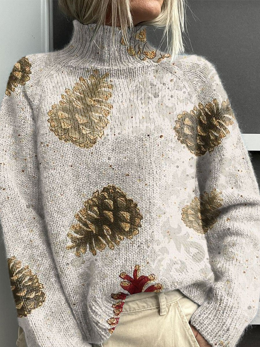 Pine Cone Art Print Knit Turtleneck Pullover Sweater