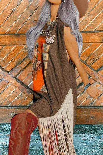 Western Print Fringed T-shirt Dress