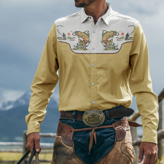 Men's Vintage Western Cowboy Fishing  Print Long Sleeve Shirt