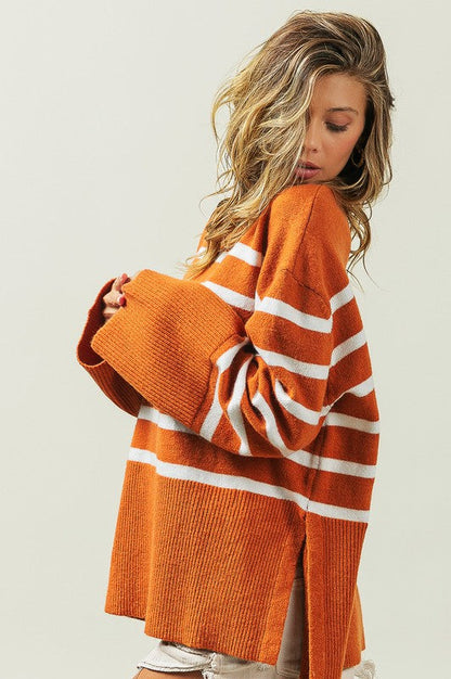 Ribbed Hem Stripe Sweater Rust or Black