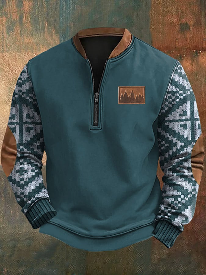 Men's Vintage Western Knit Print Zip-Neck Sweatshirt