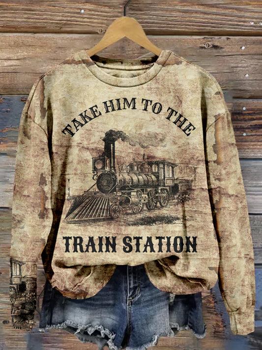 Vintage Western Train Station Pattern Cozy Sweatshirt