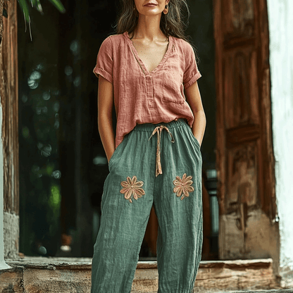 Women's Linen Bohemian Wide-leg Trousers