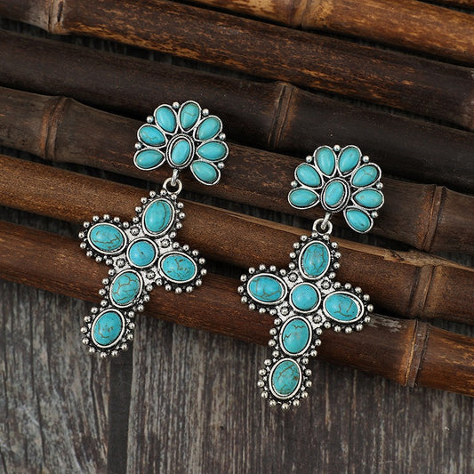 Vintage Style Silver and Turquoise Cross Earrings