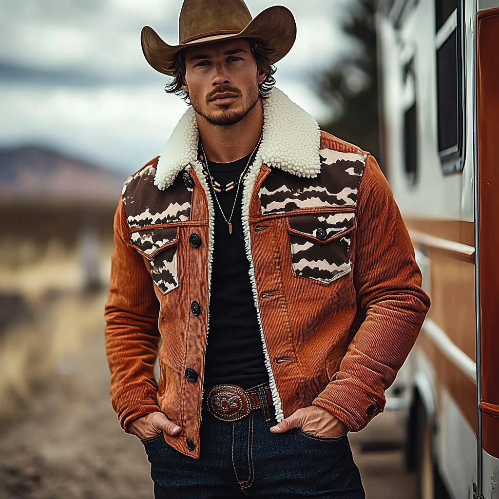 Men's Vintage Western Cowboy Printed Sherpa Jacket