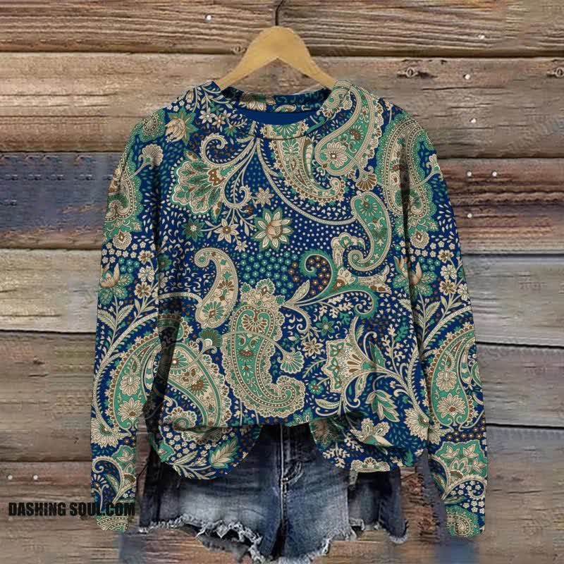 Artistic Retro Paisley Floral Art Print Casual Crewneck Sweatshirt