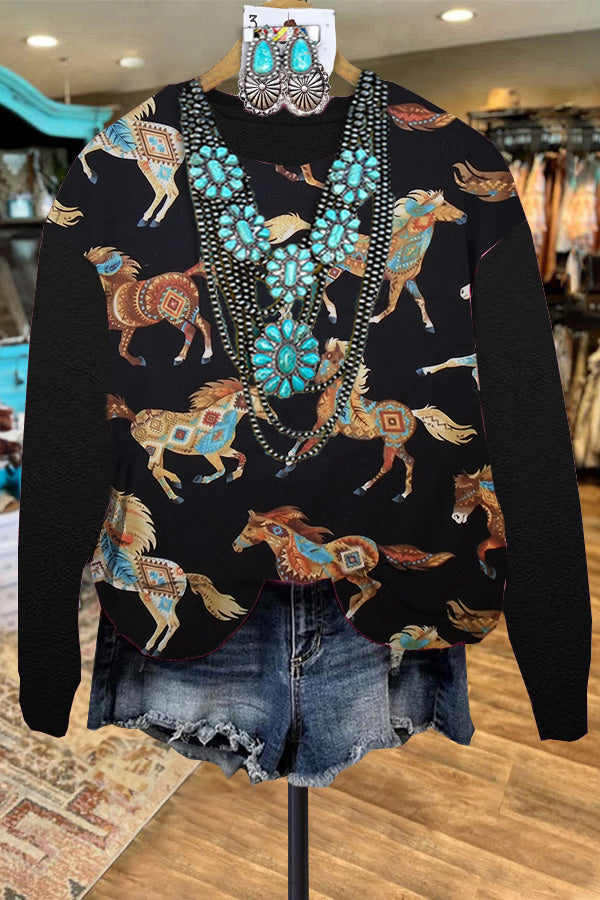 Western Horse Print Casual Sweatshirt