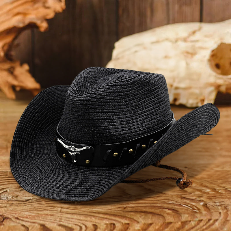 Western Bull Head Belt Cowboy Straw Hat