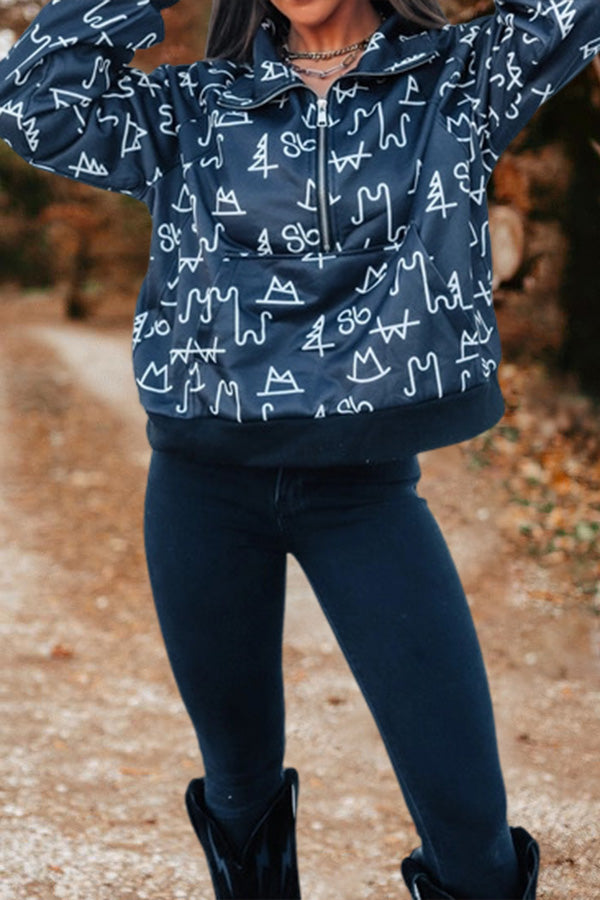 Retro Western Special Symbols Print Zip-Up Sweatshirt