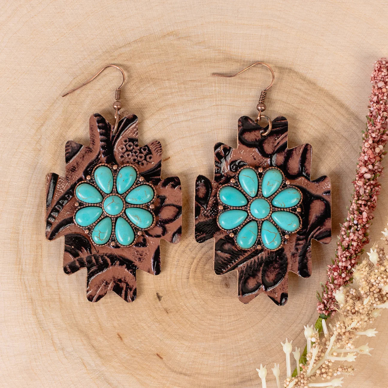 Brown Tooled Concho Earrings