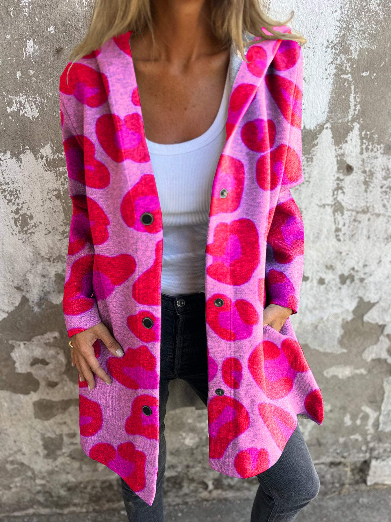 Pink Leopard Print Long Sleeve Button Hooded Jacket