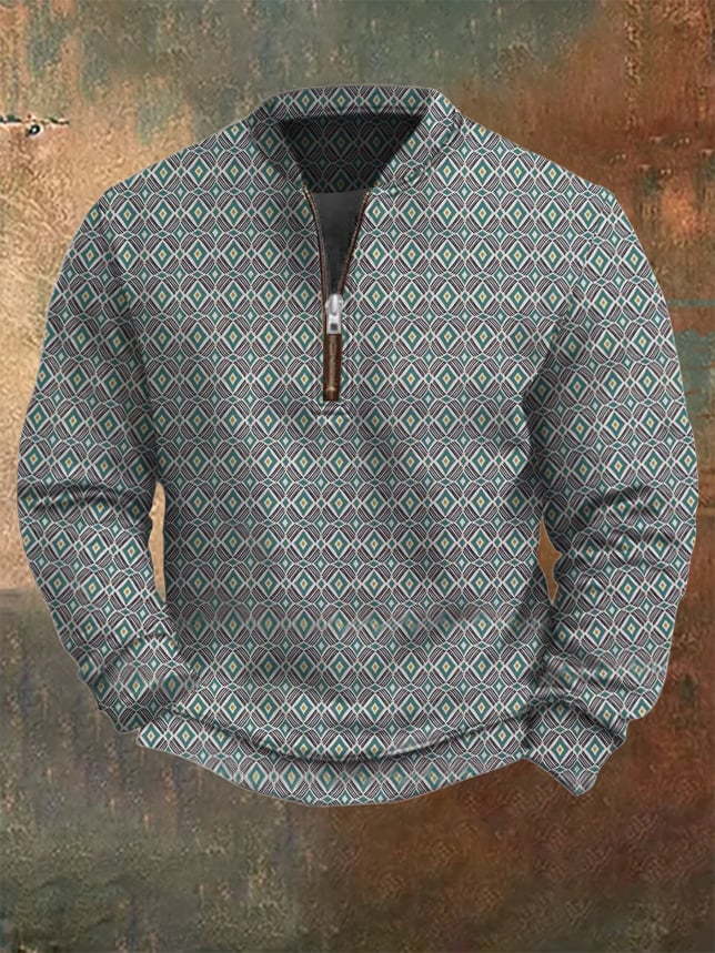 Men's Western Vintage Jacquard Fabric Printed Zip Sweatshirt