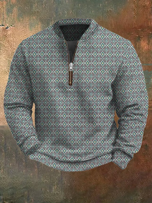 Men's Western Vintage Jacquard Fabric Printed Zip Sweatshirt