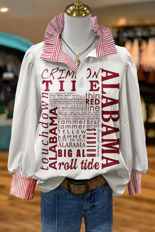 Gameday Alabama Print Stripe Puff Sleeve Blouse