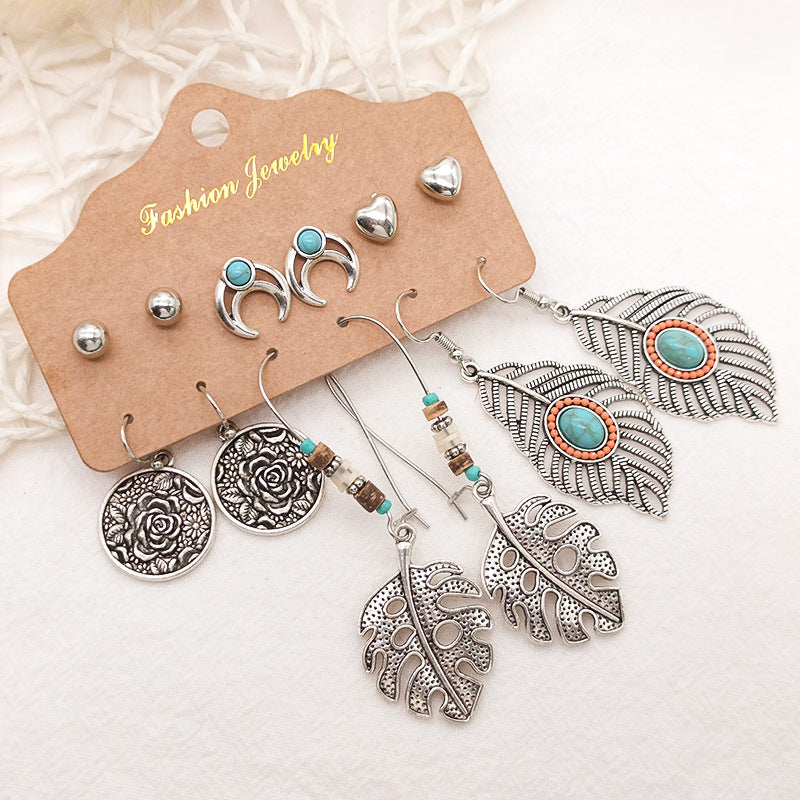 Women's Bohemian Long Tassel Leaf Feather Set Earrings