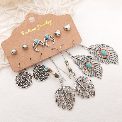 Women's Bohemian Long Tassel Leaf Feather Set Earrings