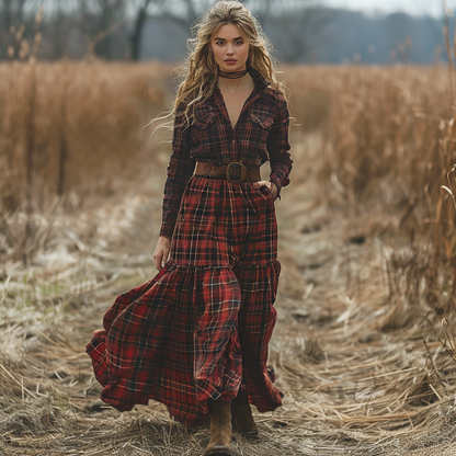 Retro V-neck Plaid Women's Long-sleeved Long Skirt Country Pastoral Retro Dress