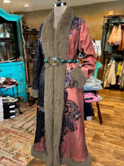 Women's Vintage  Printed Fur Patchwork Suede Long Afghan Coat