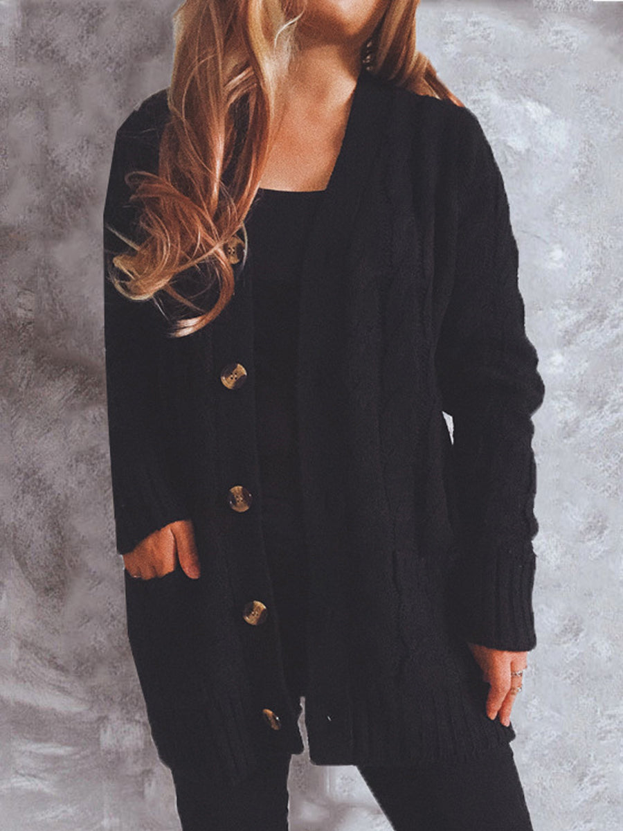 Casual Solid Color Pocket Long-Sleeved Sweater Cardigan