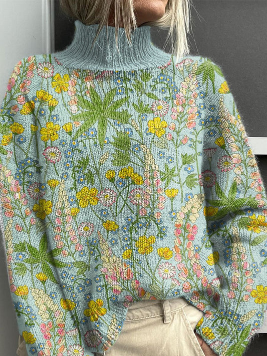 Colorful Floral Art Print Knit Turtleneck Pullover Sweater