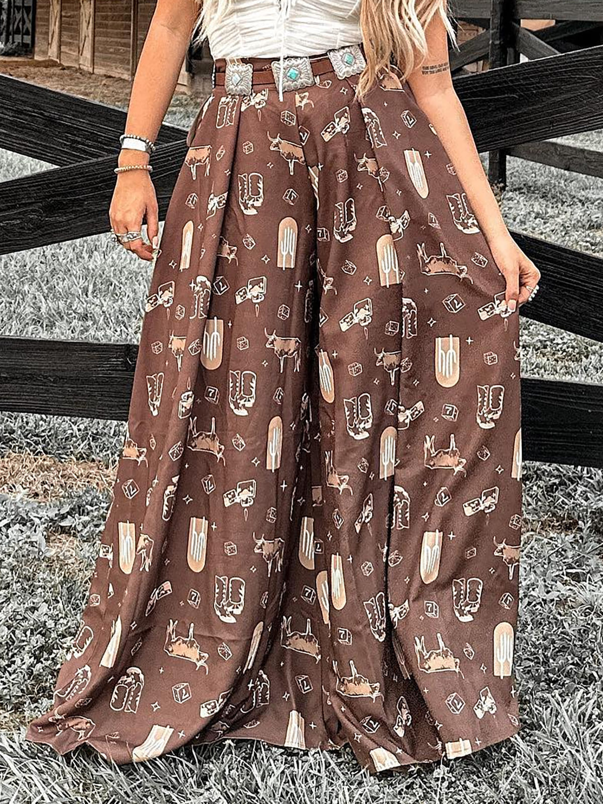 Retro Brown Western Print Wide-Leg High-Waisted Pants