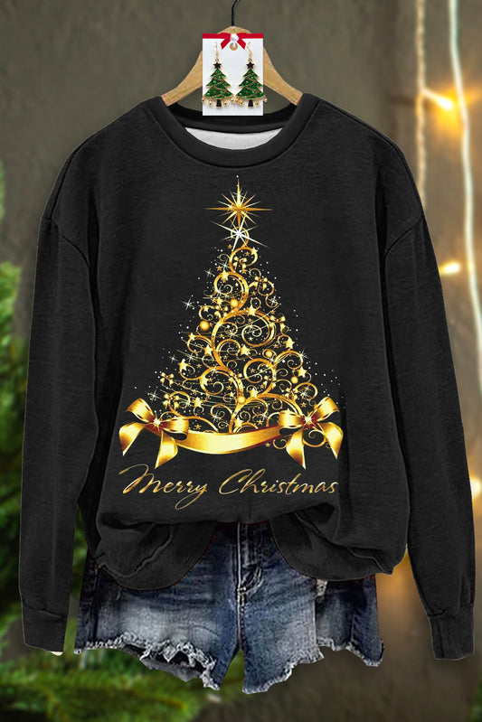 Casual Glitter Christmas Tree Print Long Sleeve Sweatshirt