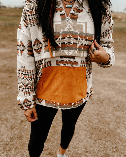 Aledo Ethnic Print Loose Hooded Sweatshirt