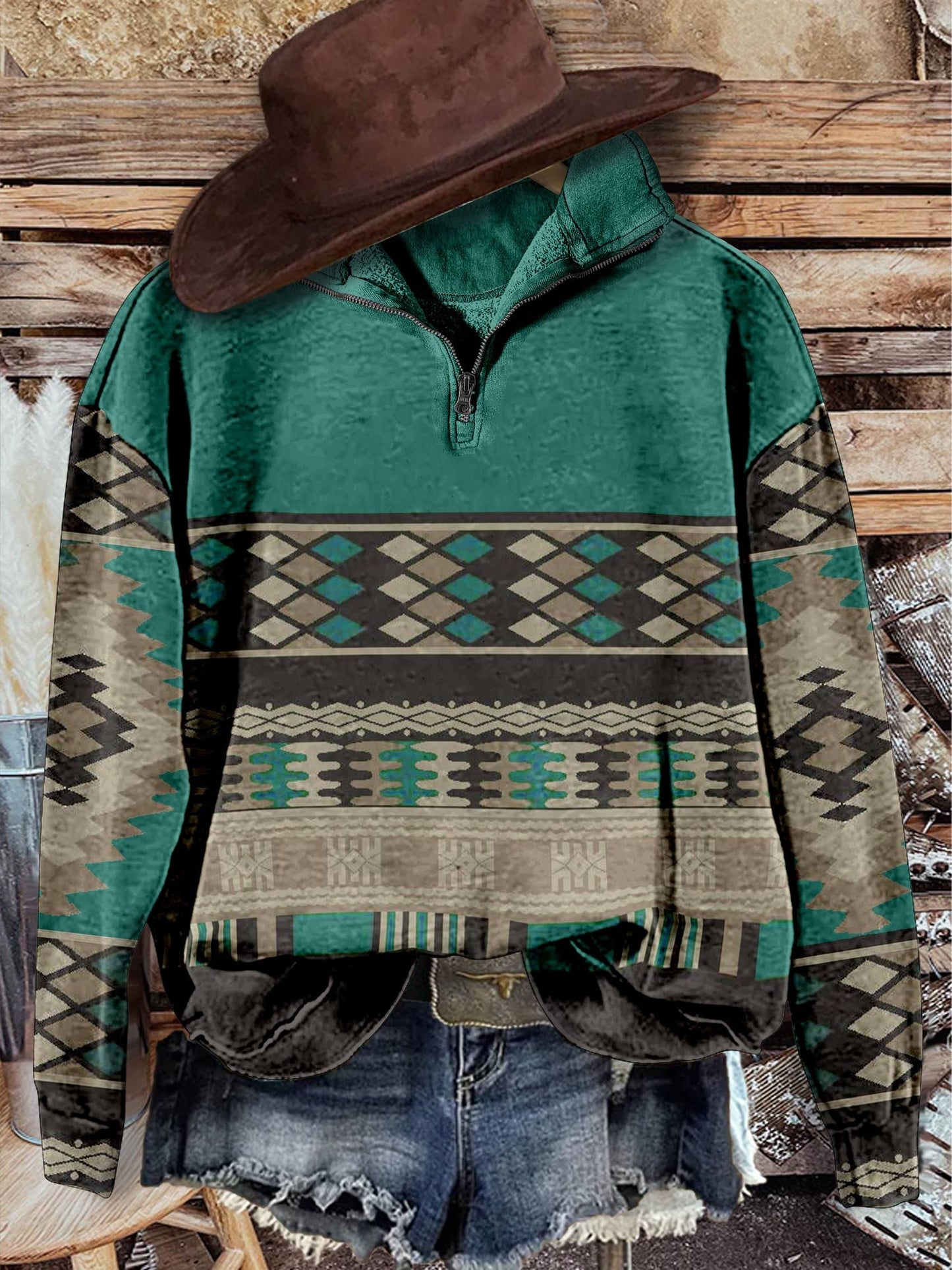 Green Aztac Print Casual Long Sleeve Zip Sweatshirt