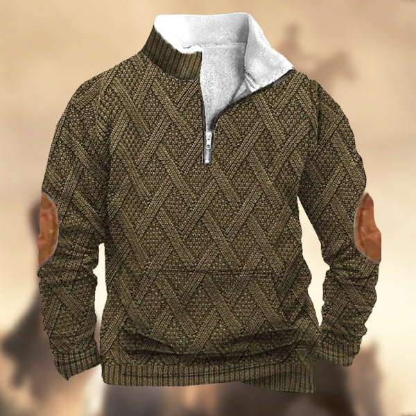 Men's Vintage Country Western Knitt Print Zipper Stand Collar Casual Kangaroo Pocket Sweatshirt