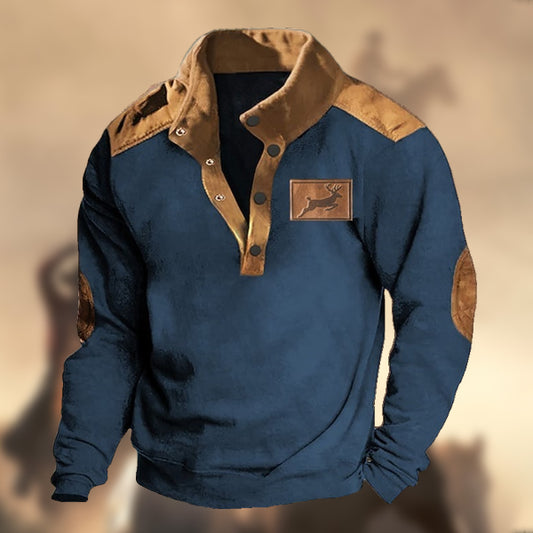 Men's Casual Vintage Country Western Hunting Elk Print Henley Stand Collar Sweatshirt