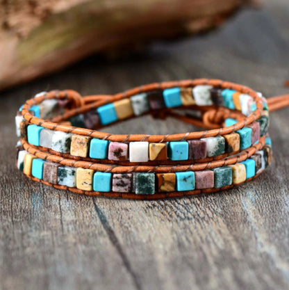 Unisex Vintage Leather Mixed Natural Stone Ethnic Bracelet