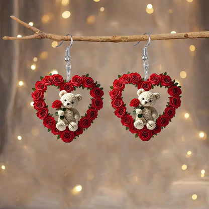 Elegant Valentine's Day Rose Bear Heart-shaped Earrings