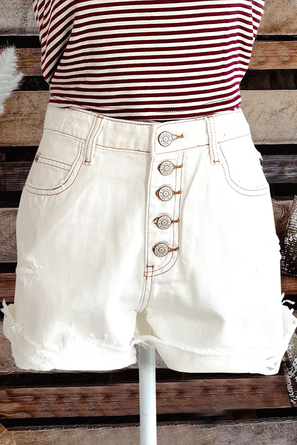 Distressed High-rise Woven Denim Shorts