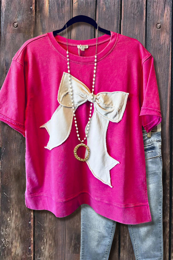 Solid Bow Decoration Short Sleeve Top