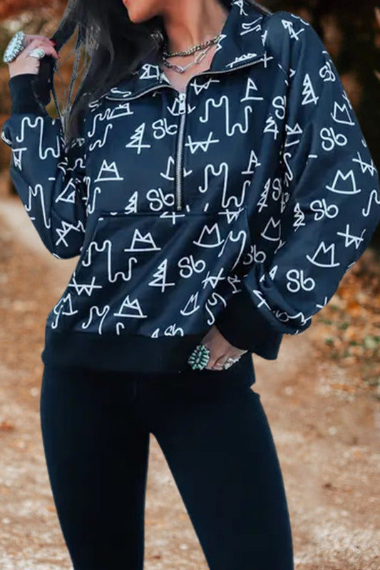 Retro Western Special Symbols Print Zip-Up Sweatshirt