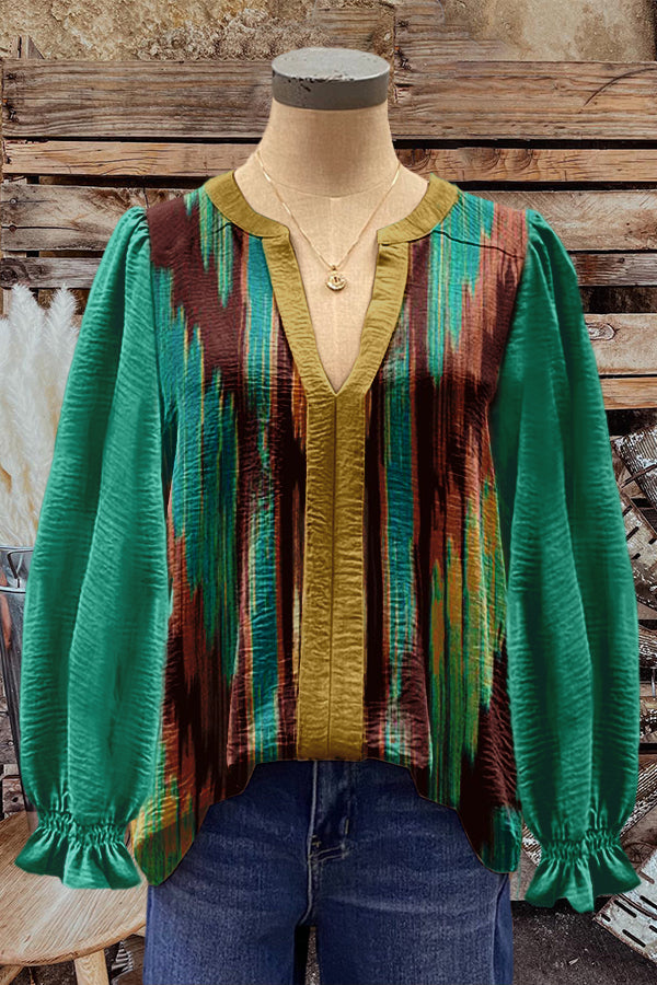 Unique Abstract Turquoise Puff Sleeve Blouse