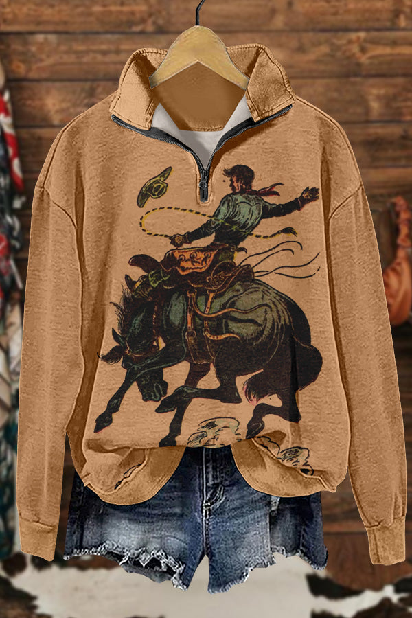 Retro Western Cowboy Horse Racing Rodeo Print Sweatshirt