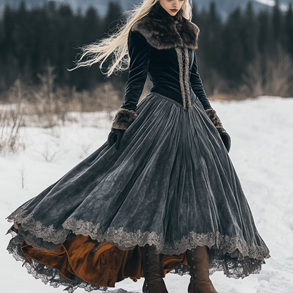 Women's Autumn And Winter Fox Fur Velvet Long Skirt Elegant Long Sleeve Drawstring Dress