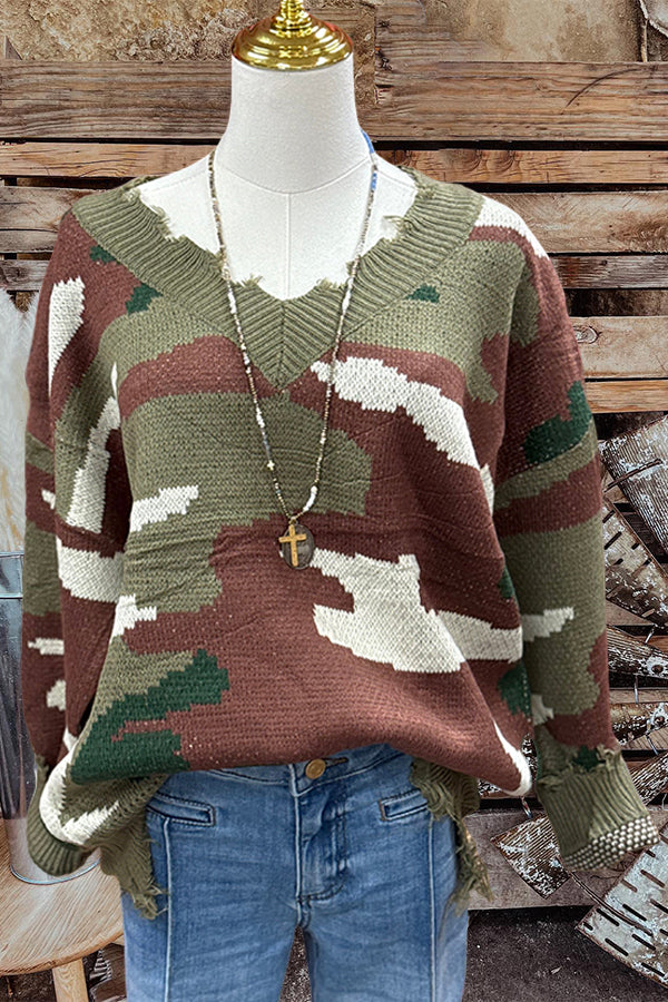 Frayed Camouflage V Neck Sweater